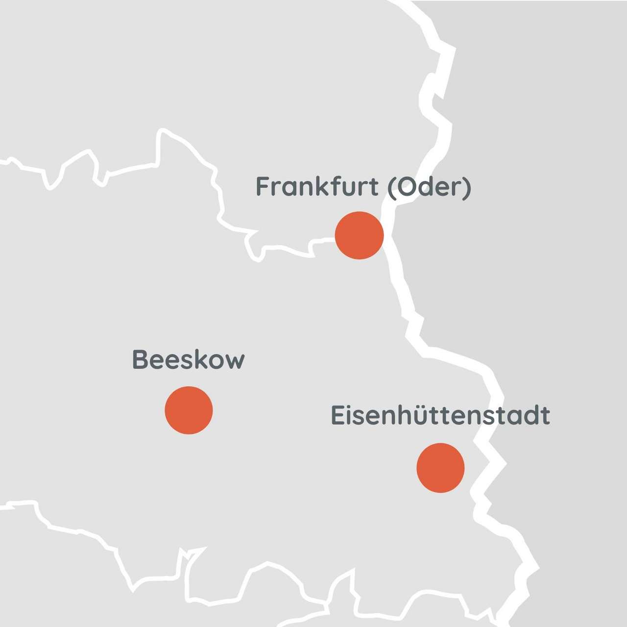 Kartenausschnitt mit den Standorten Frankfurt (Oder), Eisenhüttenstadt und Beeskow